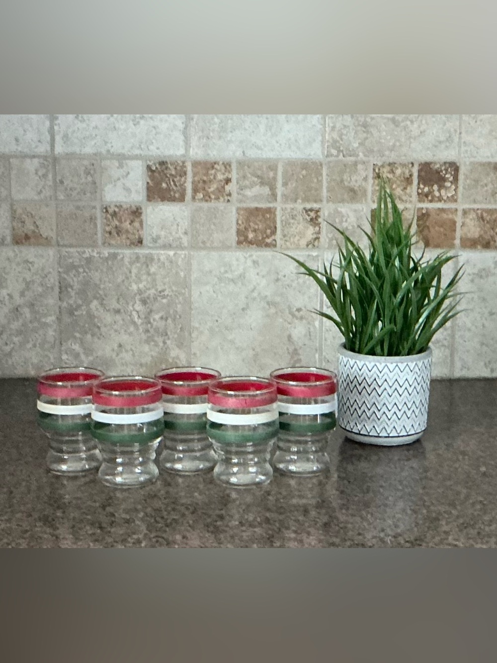 *Color Faded, Vintage (5) Anchor Hocking Glass Fiesta Striped Juice Glasses